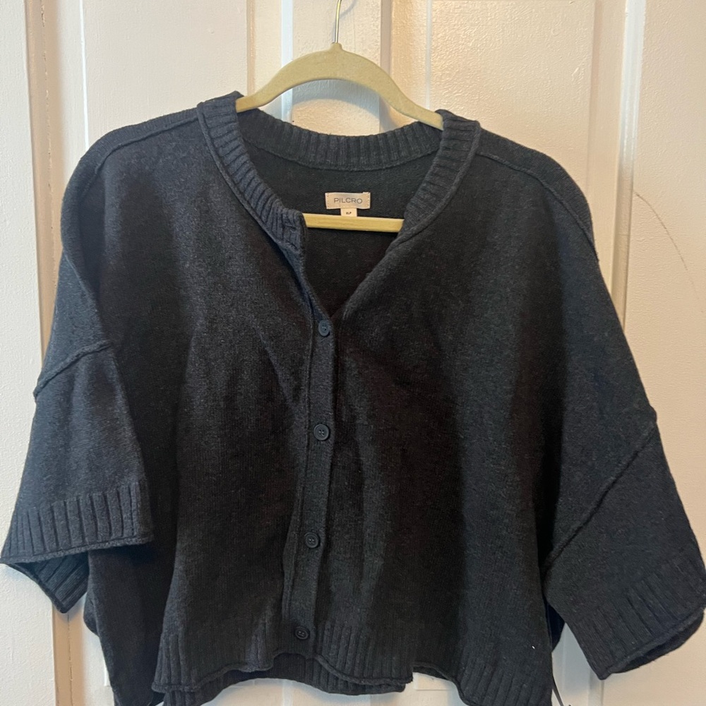 Charcoal Gray Crop Wool Button-Up Sweater
